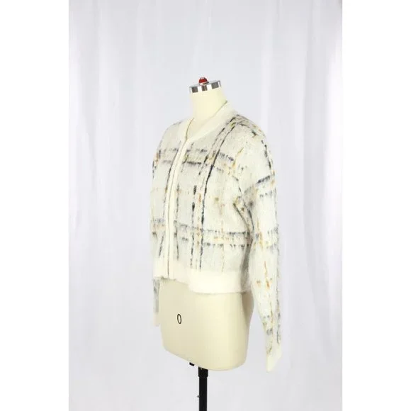 NWT CURRENT/ELLIOTT The Bets White Plaid Mohair Bomber Sweater Jacket, Size 0 - Picture 5 of 13